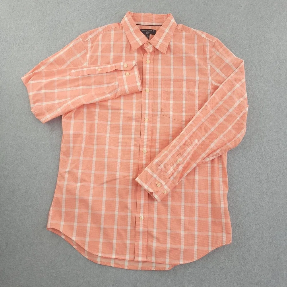 Banana Republic‎ Dress Shirt Mens 16.5 34/35 Orange Plaid Slim Fit Non Iron